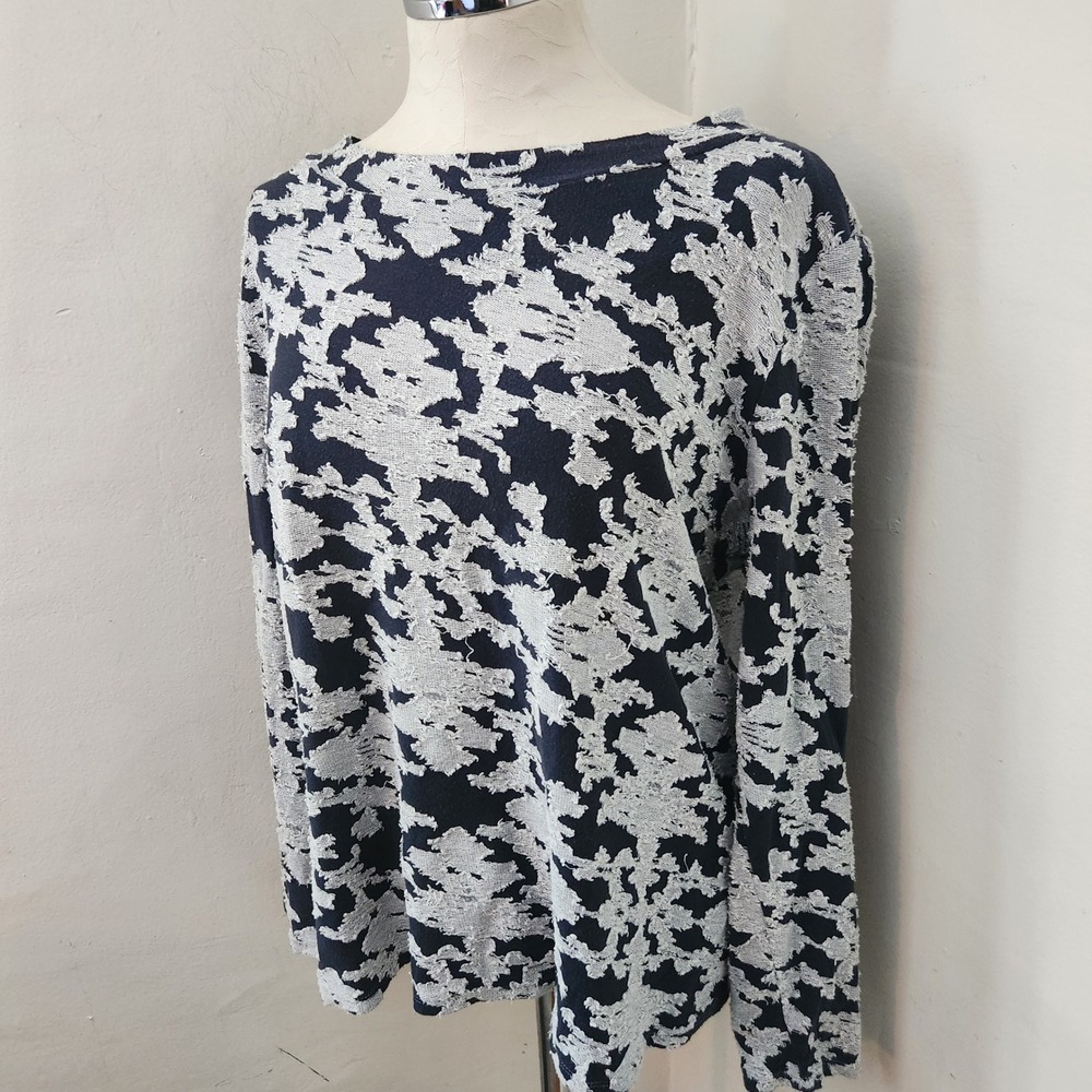Loft Navy Blue Gray Textured Jacquard Long Sleeve Boat Neck Top Large - Picture 7 of 7